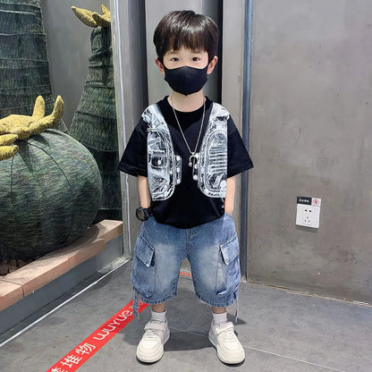 New Boys Sleeveless Vest Denim Shorts 2PC Sets Outdoor Festival Clothing Vintage Print Kids Miracle Design 2-10 Years White Tops