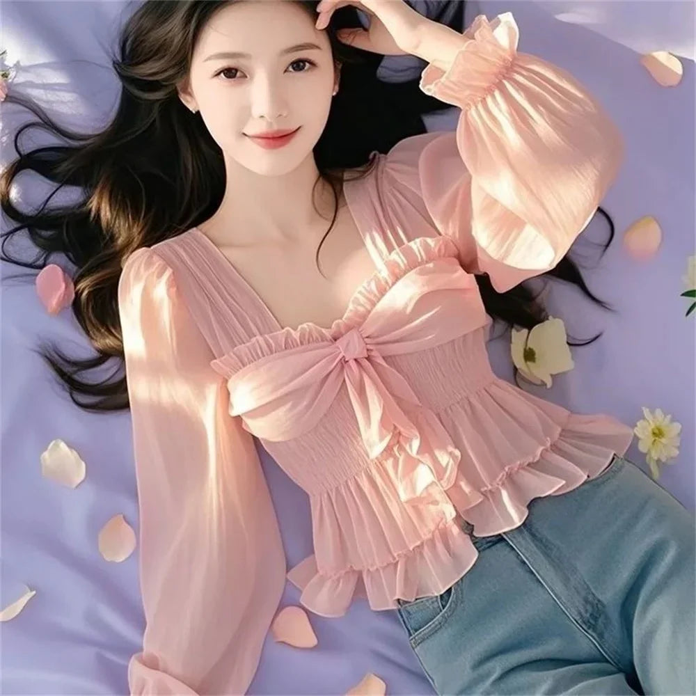 2025 Spring New Shirts Solid Color Ruffles Crop Tops Square Collar Flare Sleeve Pleated Blouses Female Slim Sweet Women Clothing