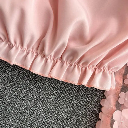 Flower Three-dimensional Decoration Slash Neck Long Sleeve Women's Blouse Shirt Korean Fashion Female Clothing Tops 2024 Summer