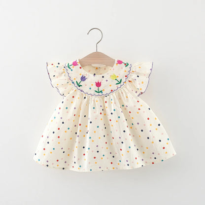 Summer New Girl'S Dress With Small Flying Sleeves Tulip Embroidery Dotted Print Sweet Princess Dress Light And Thin Style (0-3 Y