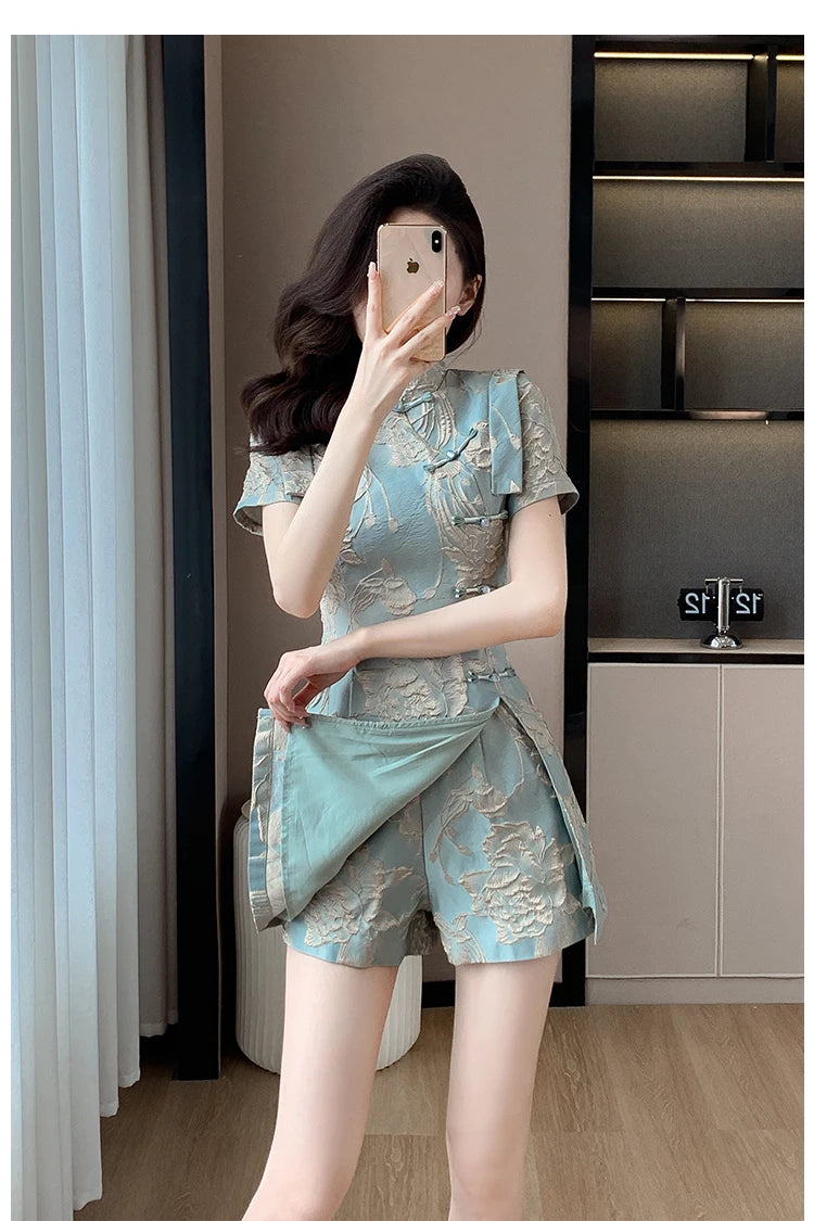 Faionable  Outfit Stand Collar Side Button Mid-Length irt orts Two-Piece Set New 2025 Versatile Nylon Material
