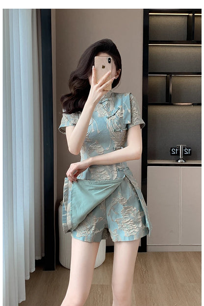 Faionable  Outfit Stand Collar Side Button Mid-Length irt orts Two-Piece Set New 2025 Versatile Nylon Material