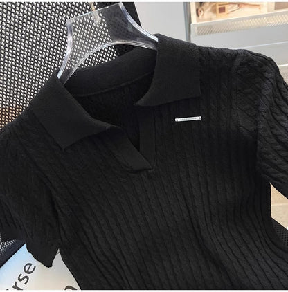 White  irt ort Sve Knitted Top Women's oulder Straight Summer T-irt Commute Sle Korean Version Straight Tube