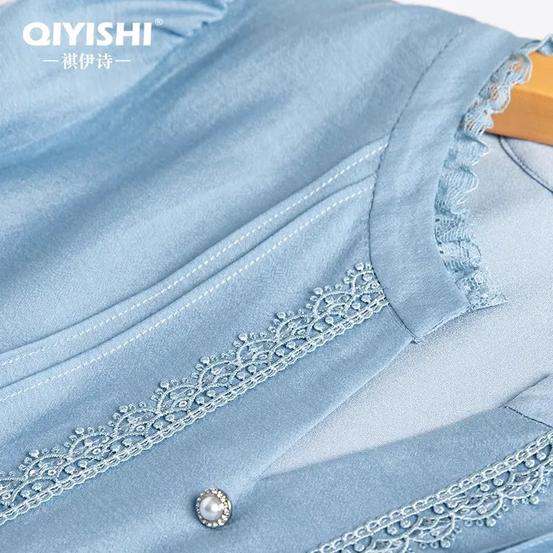 Elegant French Style V-Neck High End Blue Long Sleeve Blouse 2025 Fall New Belt Lace-up Fashion Slim Cinched Waist Tops Shirts