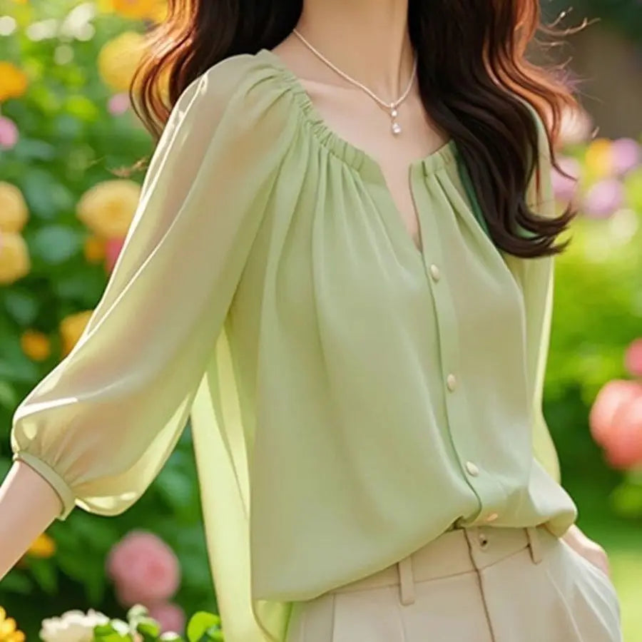 Chic Summer irt Women's Sle Korean Five-Quarter Sve Age-Defng Beautiful Faionable Good-Looking Chiffon Top