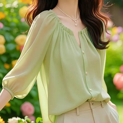 Chic Summer irt Women's Sle Korean Five-Quarter Sve Age-Defng Beautiful Faionable Good-Looking Chiffon Top