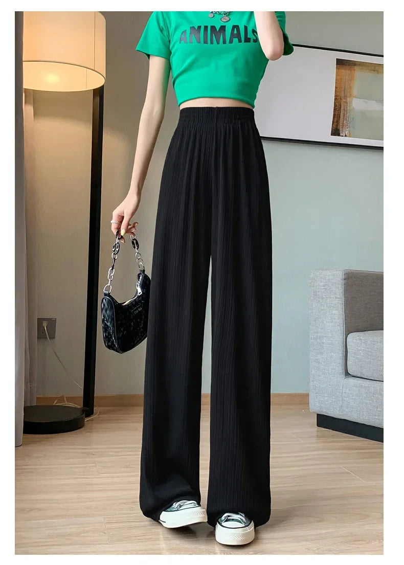 Korea Dongdaemun Ice Silk Wide-leg Pants Women's Thin Slimming Floor Pants White Striped Pants Y2K Fashion Pants Baggy (Available)