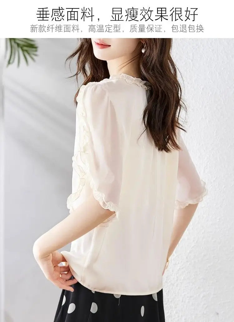 The Season Women's Fashionable Loose Short Sleeve Chiffon Shirt Slimming Cover Belly Versatile Top TT1479