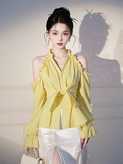 Design sense off shoulder bow yellow shirt women's spring high-end unique niche super good-looking beautiful top