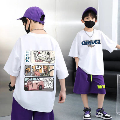 Summer 100% Cotton Boys Blue T-shirt Cool Graffiti Printed Girls Tees Short Sleeve Children Tops High Quality Kids Clothes