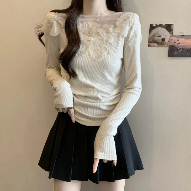 Sexy Patchwork Slim T Shirts Spring Autumn New Long Sleeve Off Shoulder Solid Temperament Tops High Street Fashion Women Clothes