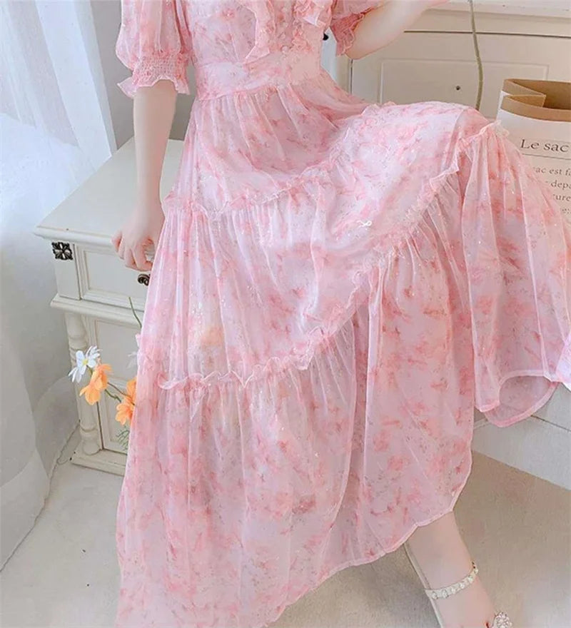 Boho Dress Women Floral Print Wrap Long Holiday Dress Ruffles Female Casual V-Neck Beach A Line Beach Dress Party Vestidos