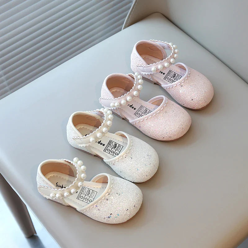 Girl's Princess Shoes Pearl Round Toe Glitter Sweet Kid's Flat Shoe Solid Colors Anti-slip Cute Party Daily Children Shoe