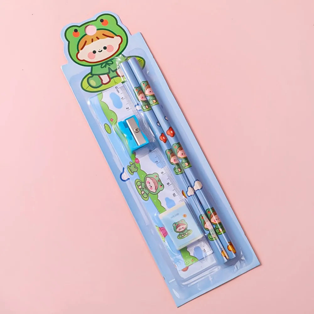 5Pcs Cute Cartoon Stationery Set Pencil Ruler Eraser Pencil Sharpener Kawaii Children School Scrapbook Supplies Set For Gifts