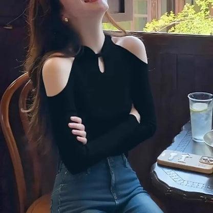Korean Sle Bla Button-Up oulder Sweater Women's Slim Fit Base irt Top Breathable Polyester Fiber Long Sve round Ne