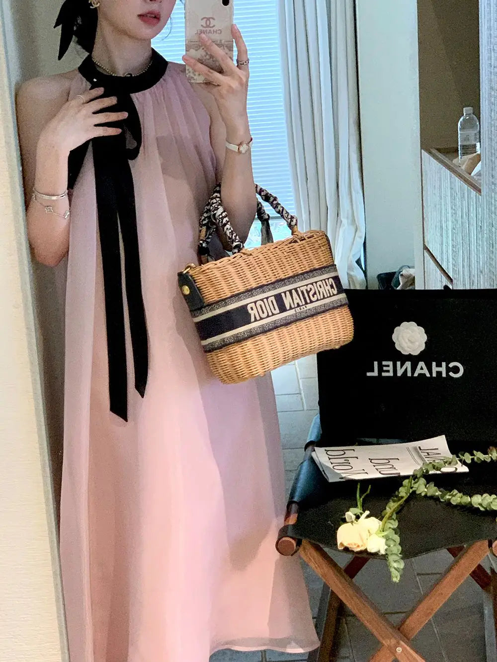 Women's Pink Halter Neck Maxi Dress With Black Bow Detail Sheer Chiffon Flowy Resort Party Dress