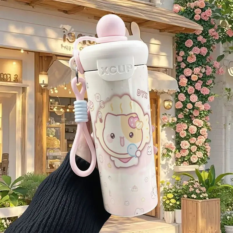 600ml Sanrio Hello Kitty Vacuum Thermos Cup SS316 Insulated Coffee Mug with Lifting Rope Portable Outdoor Drinking Water Kettle