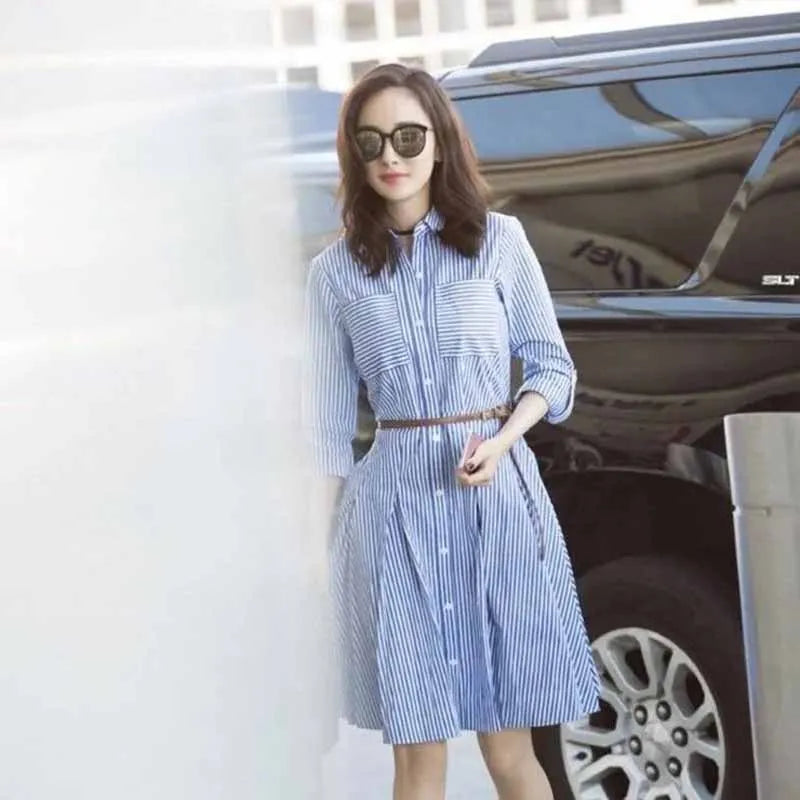 Women Korean Summer Attire Seven Quarter Sleeved Shirt Skirt Female New Fashion Blue White Striped Slim Dress Fit Shirt Skirt