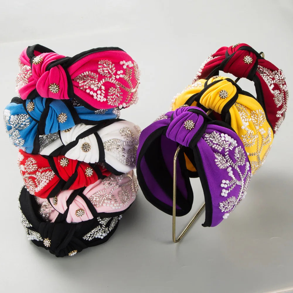 Fashion New Style Wide Brim Knotted Hairband Hand-Stitched Glass Flower Banquet