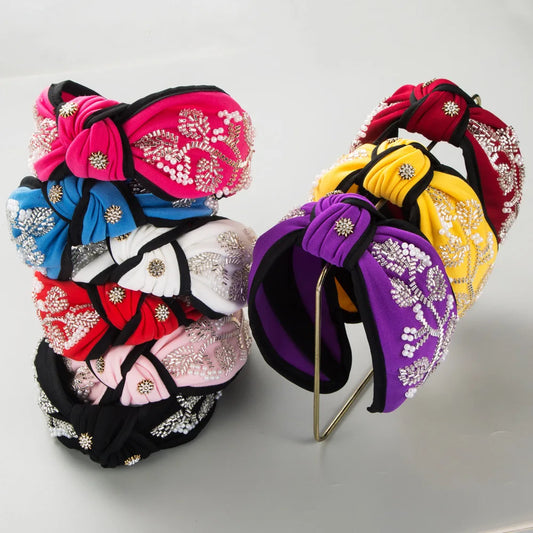 Fashion New Style Wide Brim Knotted Hairband Hand-Stitched Glass Flower Banquet