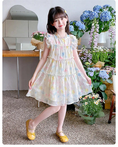 Summer girl's dress new style children's Western style floral chiffon princess dress printed baby's park play skirt