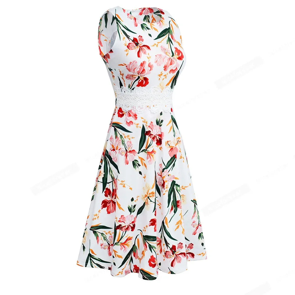 Women Vintage Casual Round Neck A line Summer Elegant Floral Lace Patchwork Sleeveless Tunic Party Swing Dress HA079