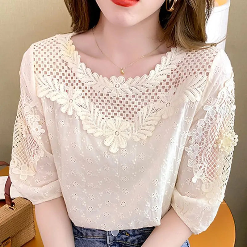 Blouses Women Hollow Out O-neck Half Sleeve Loose Tops Summer Casual Elegant Ladies French Style Daily Trendy