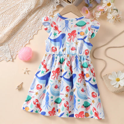 Summer Cute Girl Dresses Cartoon Pattern Flying Sleeve Kids Girls Party Dresses 2 To 8 Years Kids Casual Clothes