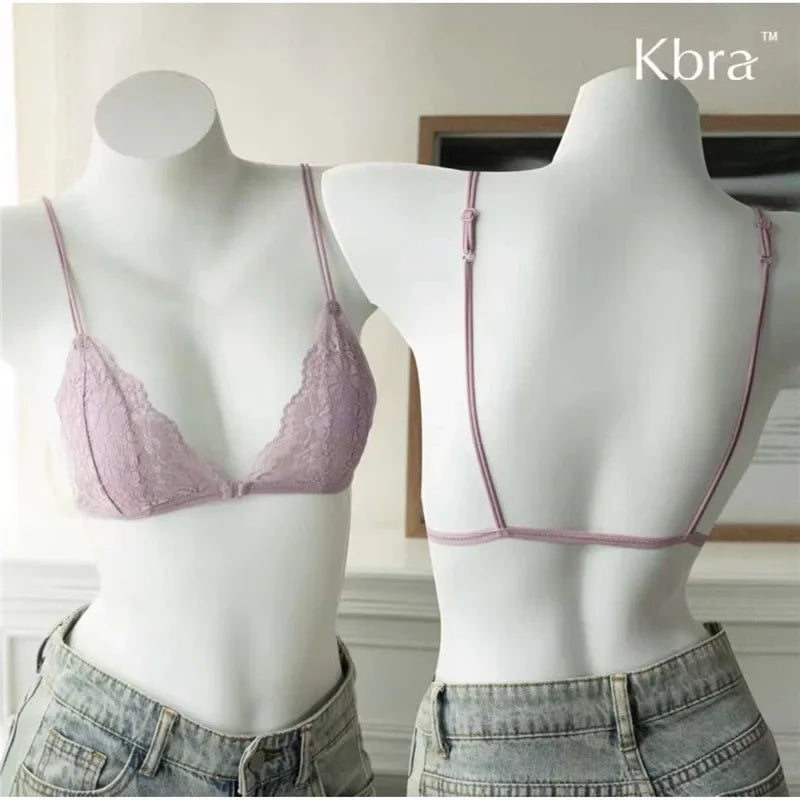 Lace thin band romantic French triangular cup gathering invisible bra without underwire