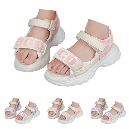 Children's Platform Velcro Sandals Checkerboard Toddler Chunky Heel Platform Sandals Open Toe Outdoor Casual Beach Shoes
