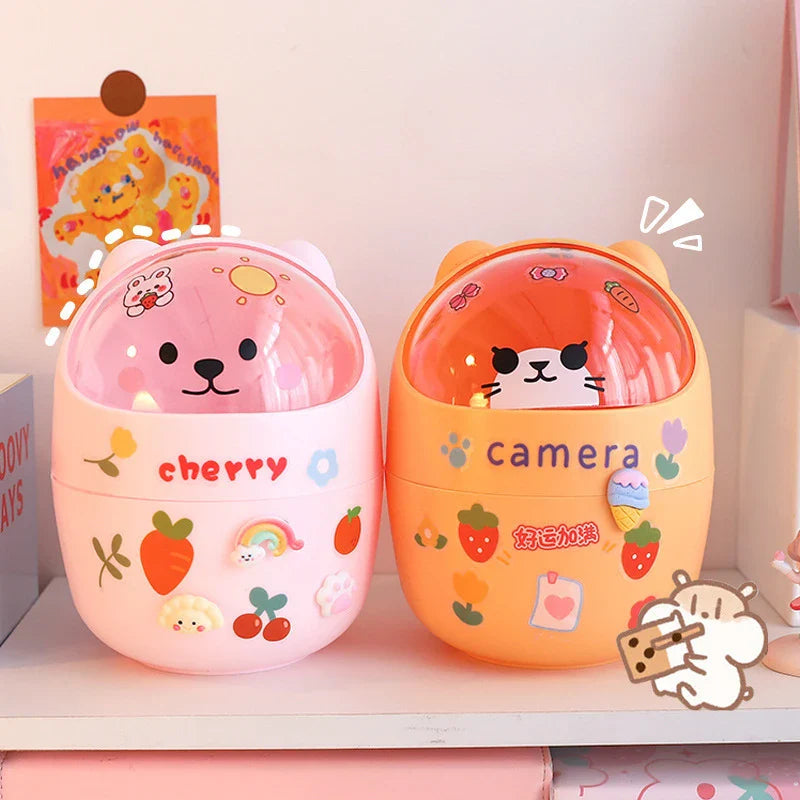 Mini Desktop Trash Can Organizer Cute Bear Multifunction Creative Cosmetic Bucket with Lid Pen Holder Kawaii Stickers Patchers