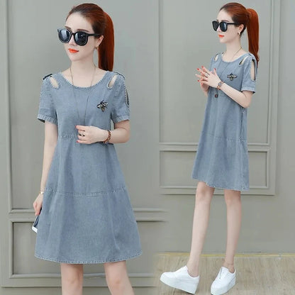 Short sleeved Denim Dress Summer Women's 2024 New College style Fashion Student Loose Dress With pockets Casual Clothing
