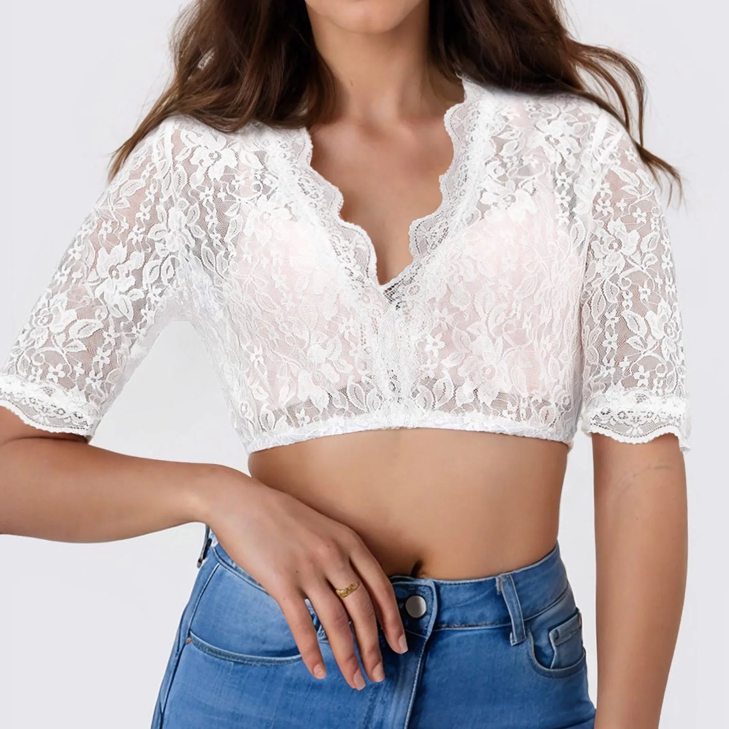 Women's Bavarian Oktoberfest Costumes Elegant Lace Crop Top Traditional Dirndl Blouse V Neck Short Sleeve Tops And Blouses