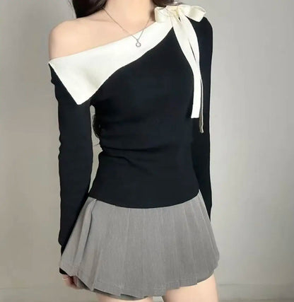 Women's Knitted Sweater Chic oulder Bow Design Long Sve Sweet Inner Wear Base irt Korean Sle Faionable Top