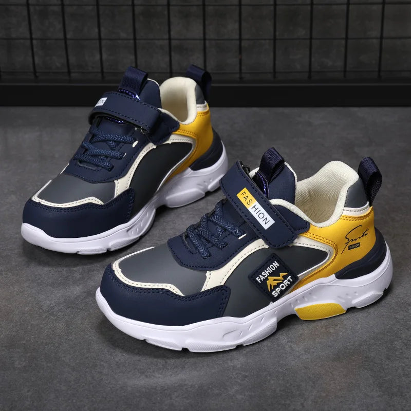 Autumn and Winter Children's Shoes, Boys' Sneakers, Leather Surface, Breathable, Non-Slip, Versatile Sports Shoes for Middle-Aged and Older Children and Primary School Students