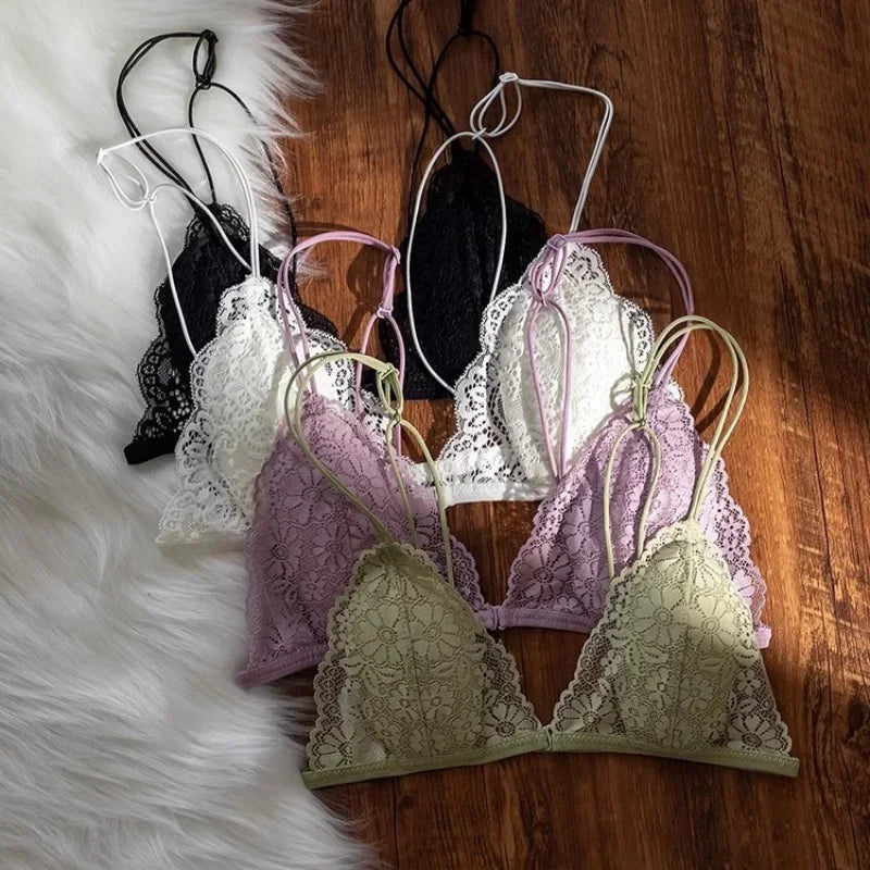 Lace thin band romantic French triangular cup gathering invisible bra without underwire