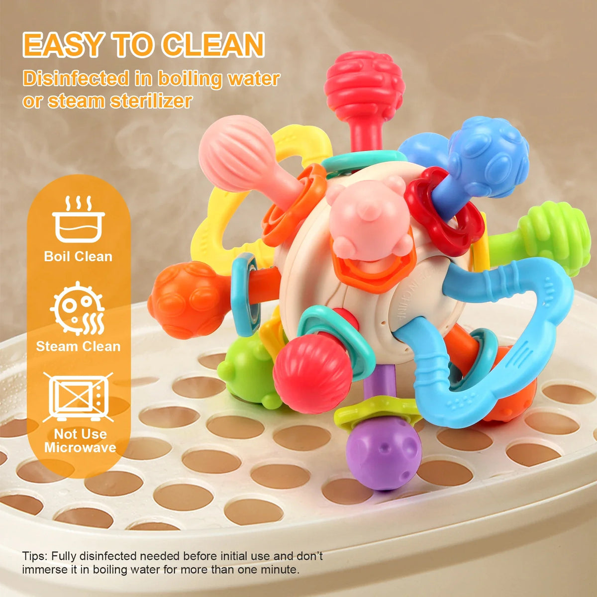 Baby Silicone Teether Ball BPA-free soft rattle toy for infants 0–12 months with easy-grip design