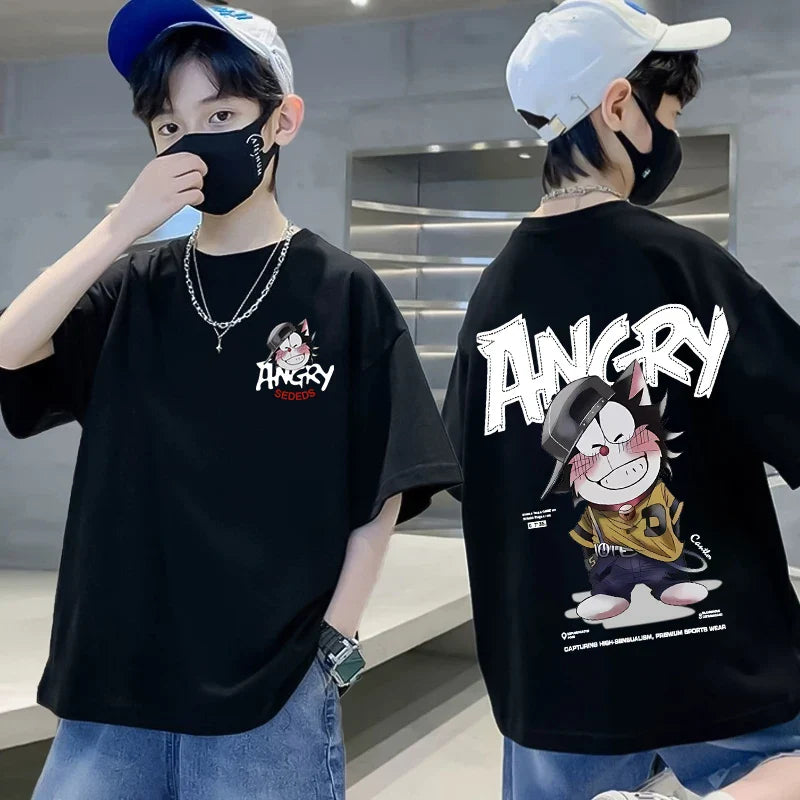 Summer 100% Cotton Boys Blue T-shirt Cool Graffiti Printed Girls Tees Short Sleeve Children Tops High Quality Kids Clothes