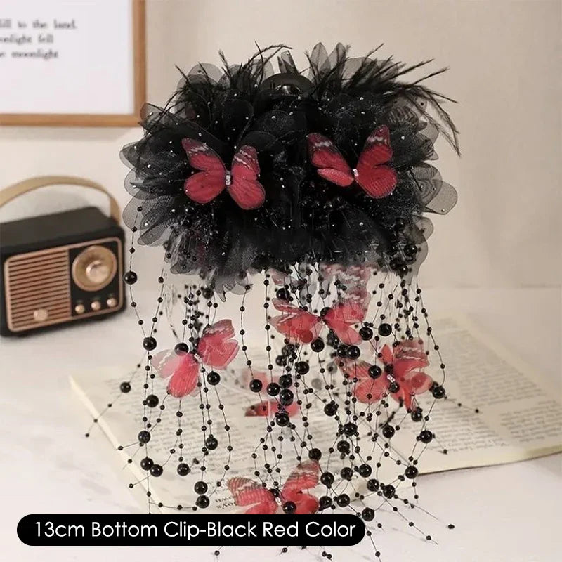 Fashion Fairy Butterfly Feather Tassel Hair Claw Shark Clips Temperament Mesh Flower Claw Clip Women Headwear Hair Accessories