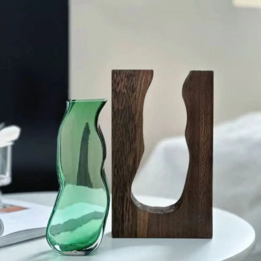 Desktop Ornament Wooden Glass Vase Transparent Modern Hydroponic Flower Holder Removable Creative Flower Pot Home