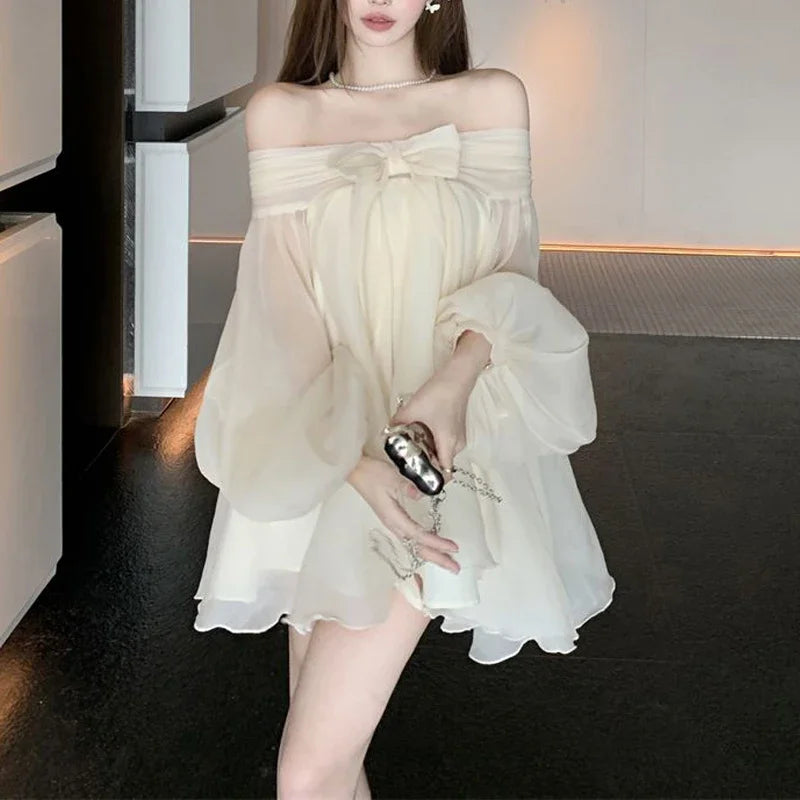 Bow Slash Neck Vestidos Off Shoulder Dress Sexy Sweet Vestido Fairy Mini Loose Dresses Spring 2026 New Long Sleeve Ropa Mujer
