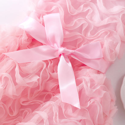 4-7 Years Girls' Birthday Party Dress - Round Collar 3D Ruffled Tulle, Perfect for Evening/Gathering