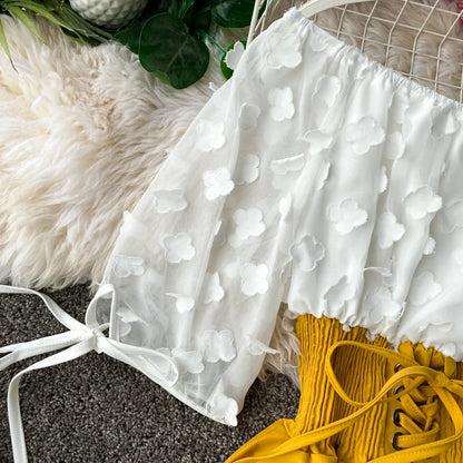 Summer Women's Dress Sexy Off Shoulder Patchwork Party Flower Chiffon Waist Lace Up Beach Short Dresses