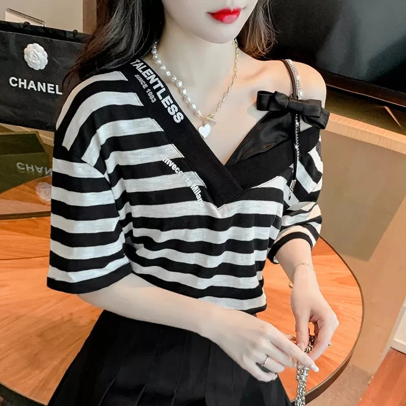 Unique Design oulder Bared ort Sve V-Ne Loose T-irt for Women  Knot Print Splice Asymmetrical Korean Sle