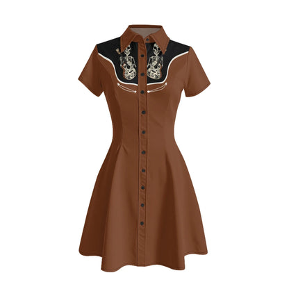 Women's Western Shirt Dress with Music Notes and Dolphin Print Cowboy Collar Button Up Pure Cotton Midi Dress Casual Boho Style