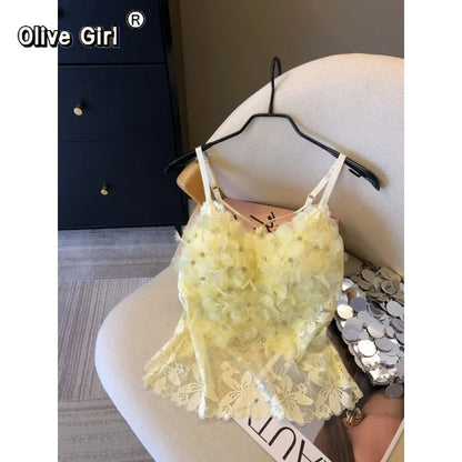 Olivegirl Women's Camis Strap Vest Mint Green Stamping Flower Lace 2026 Spring Summer Sweet Mesh Top with Chest Cushion Bra