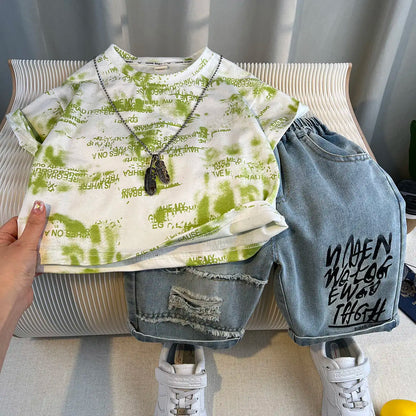 Korean Children's Summer Clothes Kids Set Outfits Boys 2025 Handsome Sleeveless&Short Sleeved T-shirt Denim Shorts 2-piece Set