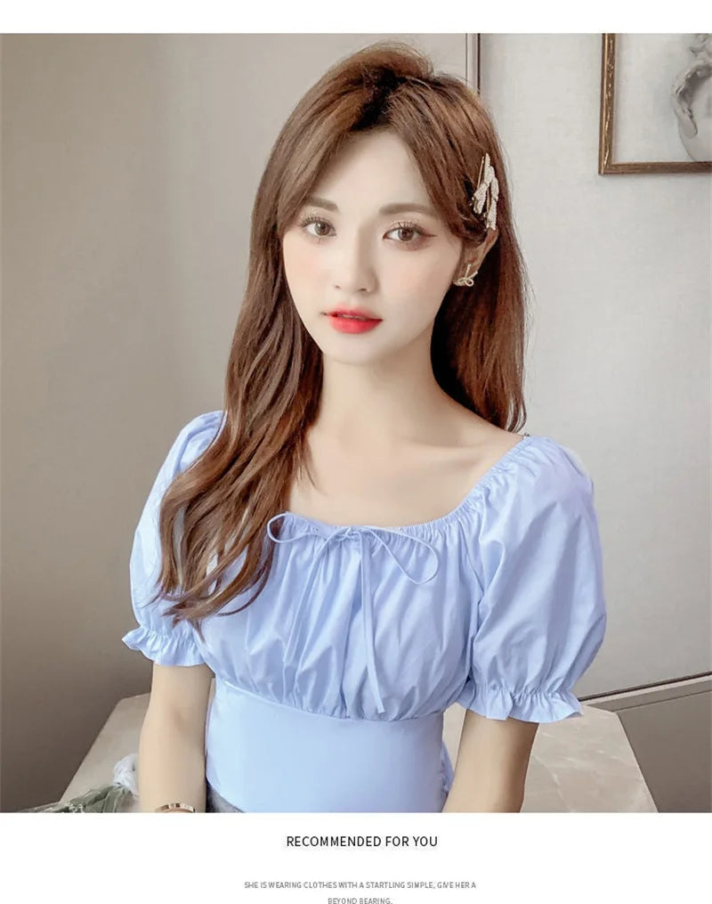 Summer New Fashion Temperament Women Bubble Sleeve Square Collar Shirt Design Sense Of Small Sweet Halter Short Sleeve Top