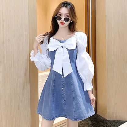 Jielur Korean Dress for Women Fashion Square Collar Puff Sleeve Sweet Bow Robe Femme Patchwork Tunic Denim Dress
