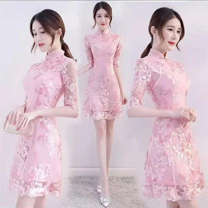 Spring Autumn Female Cheongsam Style Long Dresses Women Half Sleeve Lmproved Maxi Dress 2025 Ladies Fashion Solid Color Vestidos